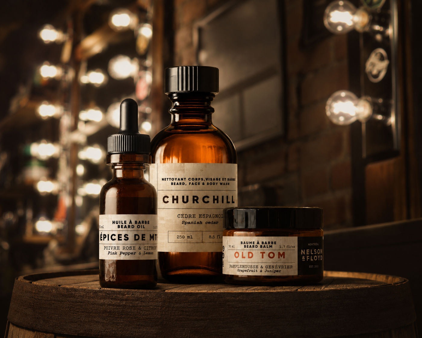 beard care bundle on wooden barrel